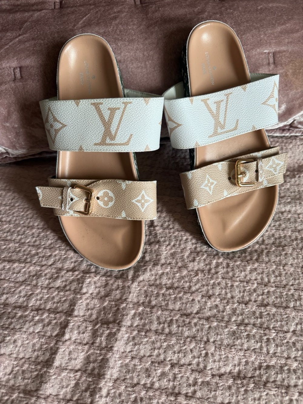 Summer sandals Two-Tone Monogram Slide Sandals in Cream & Tan